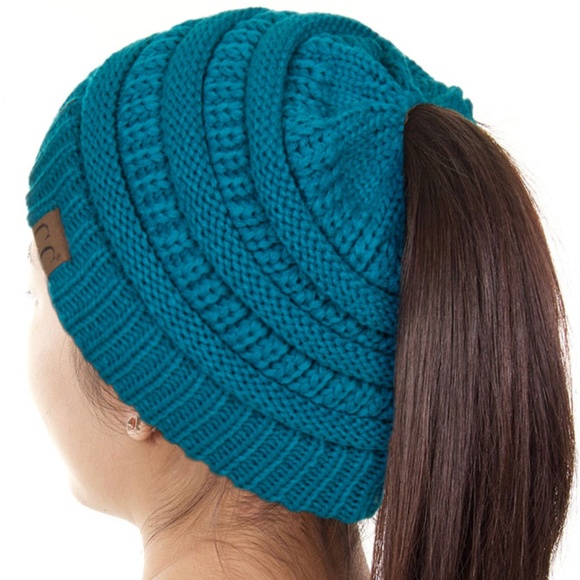 Accessories - CC Ponytail Beanie Hat Messy Bun Teal Cyan
